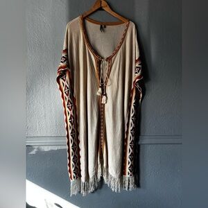 Idol Mind Boho Fringe Kaftan Tunic Aztec Trim Long S/M